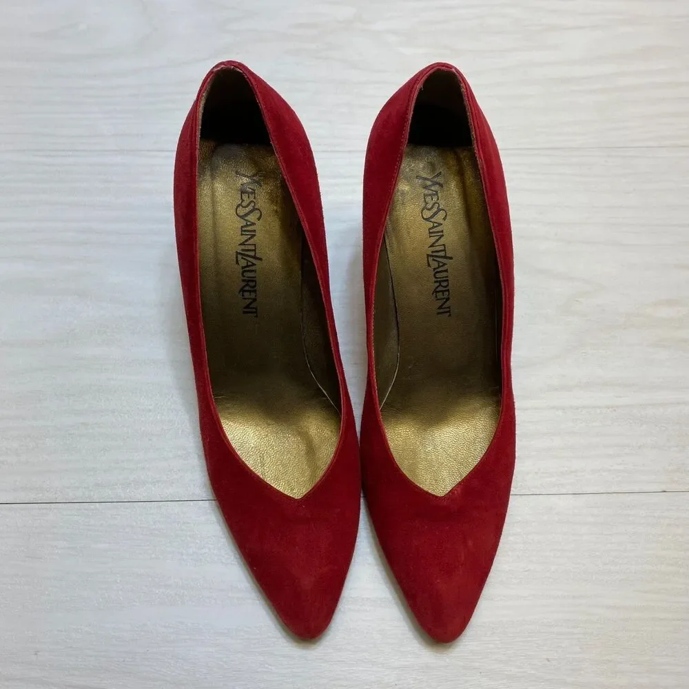 Vintage Yves Saint Laurent Heel Pumps Women Size 8 N Red Suede Pointed Toe - Picture 8 of 11